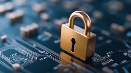 Gold padlock on electronic circuit board, digital security concept.