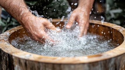 Fototapeta premium Hands washing in a wooden bowl filled with water, creating splashes, tranquil setting.