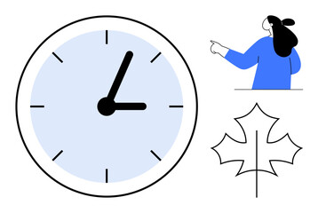 Large clock showing time, woman in blue pointing, and outline of a leaf in black and white. Ideal for time management, nature, seasons, guidance, and minimalism themes