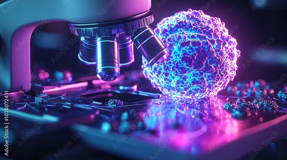 Poster microscope with glowing cell structure on laboratory slide.