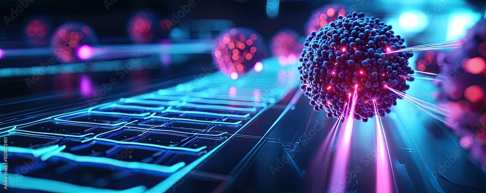 Poster abstract representation of particles with glowing light effects on a dynamic background.