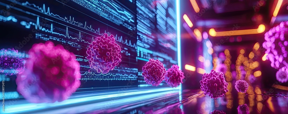 Poster abstract representation of viruses in a high-tech environment with neon colors.