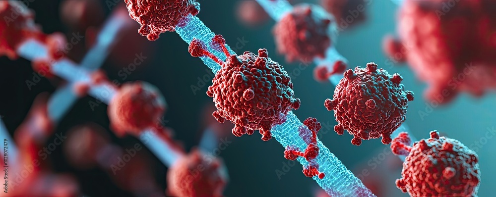 Poster microscopic view of virus particles on a colorful digital background.