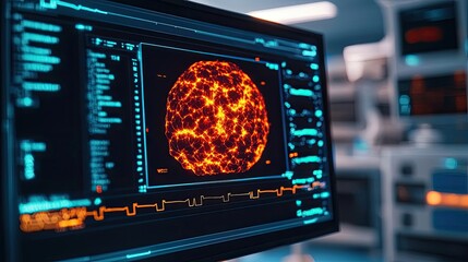 Obraz premium Digital visualization of a glowing star on a computer monitor, laboratory setting.