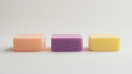 front, horizontal view, the image depicts three kitchen sponges placed equally spaced in the center of a white background