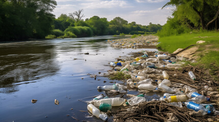 Plastic trash tainting river waters, environmental issue, sustainability 