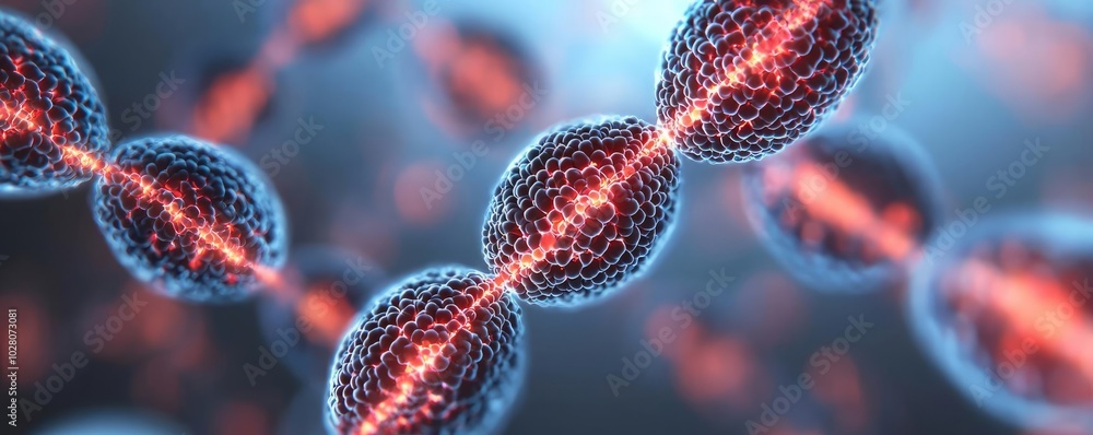 Poster abstract illustration of molecular structure with glowing nodes in blue and red tones.