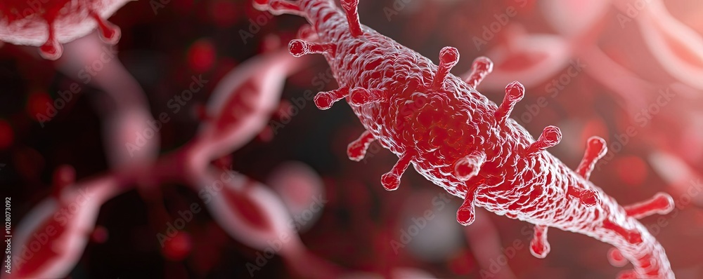 Poster 3d rendering of red virus particles on a blurred background.