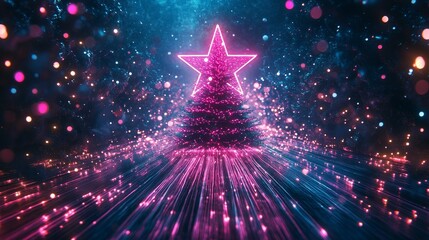 A glowing neon star crowns a Christmas tree with pulsing pink and purple ornaments, fiber-optic lights radiating in every direction, cyber-holiday style, Futuristic, Digital