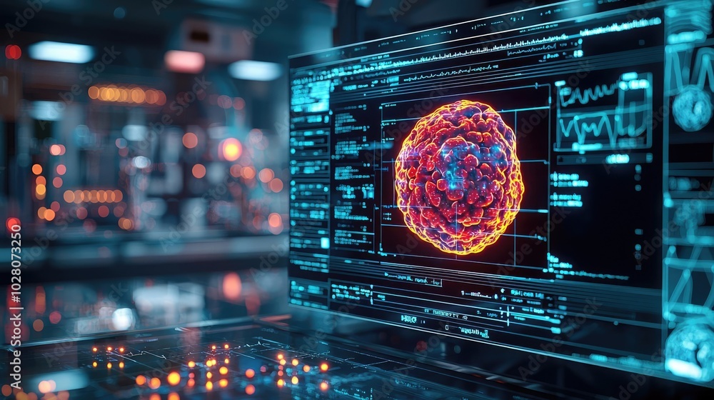 Poster futuristic display of a molecular structure in a laboratory setting.