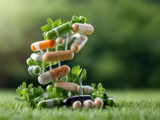 Capsules arranged like DNA on greenery