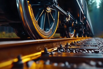 Obraz premium Close-up of train wheels on the rails, with the metal grooved and polished by constant movement, capturing the powerful connection between train and track