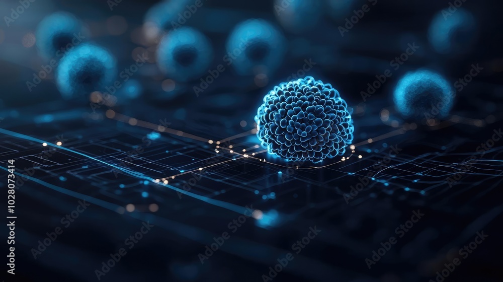 Poster digital representation of a cell on a futuristic grid background.