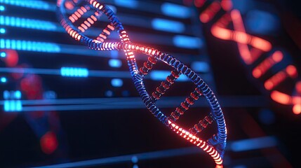 Colorful digital DNA strand representation on a futuristic background.