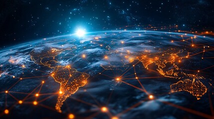 Obraz premium Earth Illuminated by City Lights and Connected by Intertwined Lines