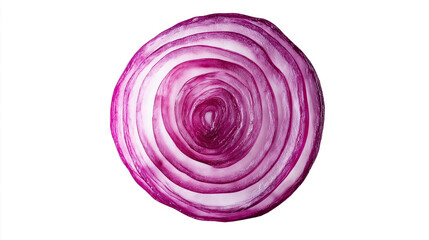 the image is a close-up, top-down view of a single thinly slice of purple onion