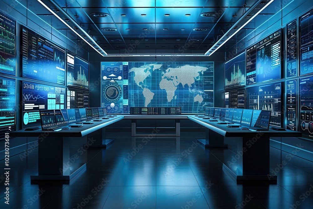 Poster the control center features large screens displaying real-time delivery statuses and optimized routi