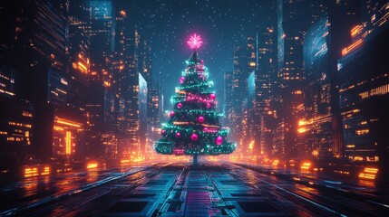 Neon-infused Christmas tree with vibrant blue, pink, and green holographic ornaments, set against a dark futuristic cityscape. LED lights pulse rhythmically. Cyberpunk, neon