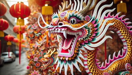 Fototapeta premium Vibrant Traditional Chinese Dragon with Intricate Details and Festive Lanterns