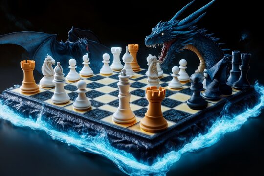 Fantasy chess battle with dragons as rooks and wizards as bishops, playing out the King's Gambit opening on a floating chessboard, where each move unleashes magical forces