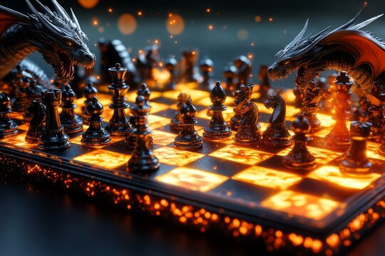 Fantasy chess battle with dragons as rooks and wizards as bishops, playing out the King's Gambit opening on a floating chessboard, where each move unleashes magical forces