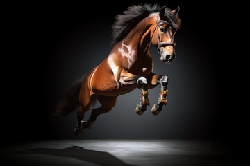 Hyper-realistic image of a circus horse mid-jump, with every muscle, hair, and shadow rendered in stunning clarity, showing the raw power and beauty of the animal in action