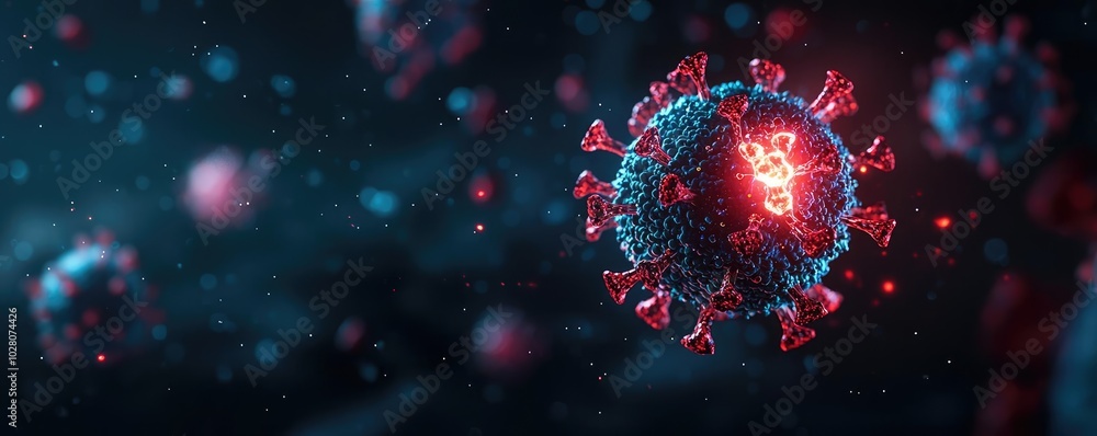 Poster detailed microscopic view of a virus in dark environment, highlighting texture and structure.