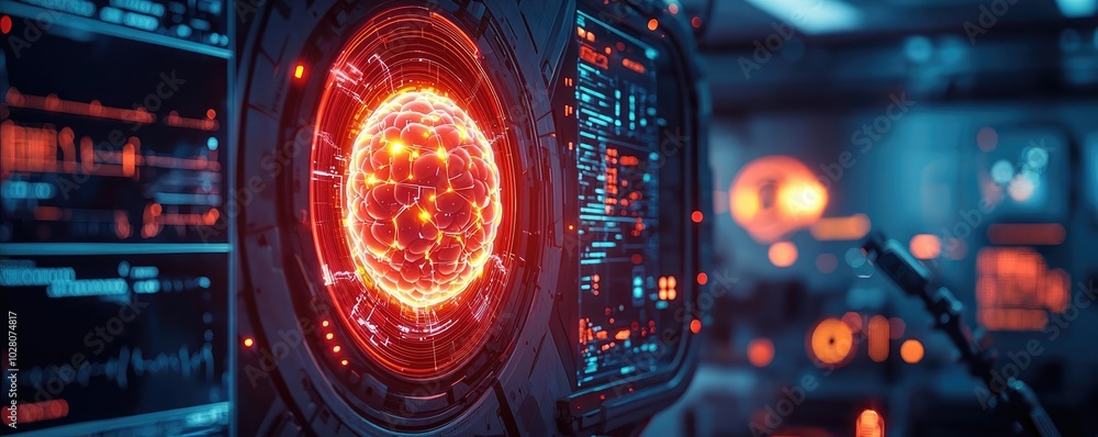 Poster futuristic interface featuring glowing elements and high-tech design.