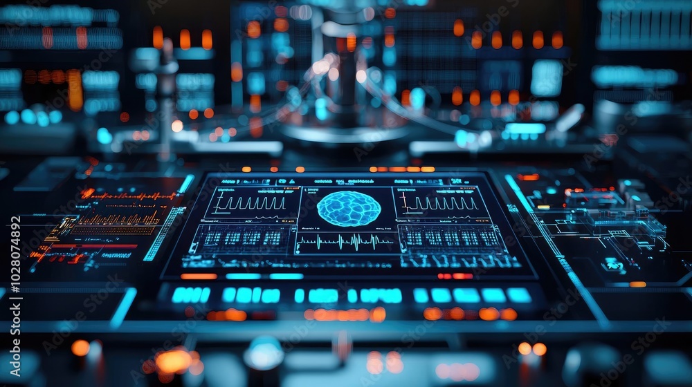 Poster futuristic control panel with glowing interface and digital elements.