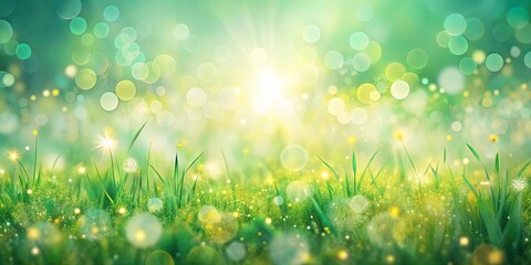 Obraz premium A sun-drenched meadow with green grass, delicate wildflowers, and sparkling bokeh lights, evoking a sense of tranquility and natural beauty.