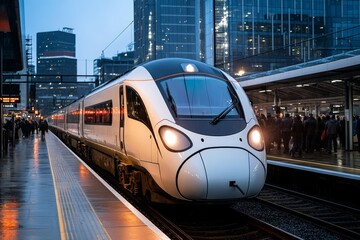 Fototapeta premium Passenger train arriving at a bustling city station, with the train's sleek cars glistening in the evening light as commuters board for their journey home