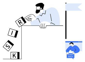 A person preventing risk blocks from falling off a surface. A flag in the background and cash back incentive illustration. Ideal for finance, motivation, risk management, decision making, business