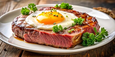 A perfectly cooked steak topped with a sunny-side-up egg, resting on a white plate, a garnish of fresh parsley, and a hint of rustic wooden background.