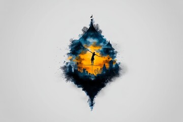 Watercolor illustration of a performer on a tightrope, with soft blues and yellows blending together to create a dreamy atmosphere of balance and grace under the big top