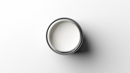 top down view, the image depicts an opened paint can filled soft white paint placed in the center of a soft white background