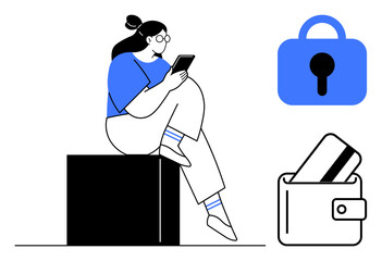 Woman sitting and using a smartphone. Lock represents security. Wallet with a credit card indicates online transactions. Ideal for security, technology, online payments, finance, privacy. Clean