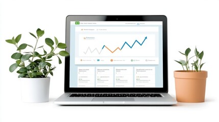 Laptop displaying growth chart, surrounded by decorative plants, on white background.