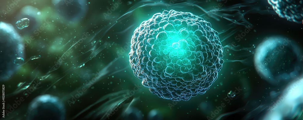 Poster detailed view of microcellular structure with glowing elements, dark background.
