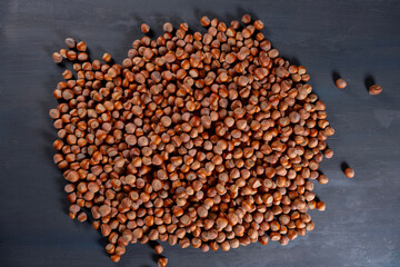 Raw hazelnuts in a stone mortar against a dark background