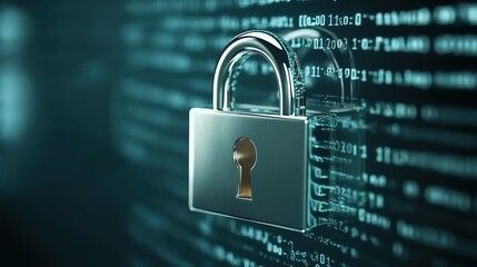 Metal lock symbolizing security over digital background with binary code.