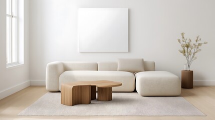 A Scandinavian living room with light wood furniture, soft textiles, and a large blank white frame mounted above a cozy sectional sofa, perfect for showcasing minimalist art.