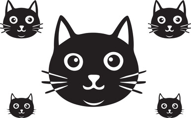  Cats Icon Vector Black and White Color. Black Cat Sitting On White Background Vector Illustration