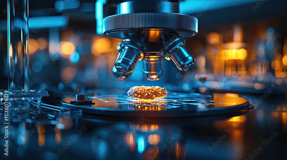 Poster microscope examining a specimen in a vibrant laboratory setting.