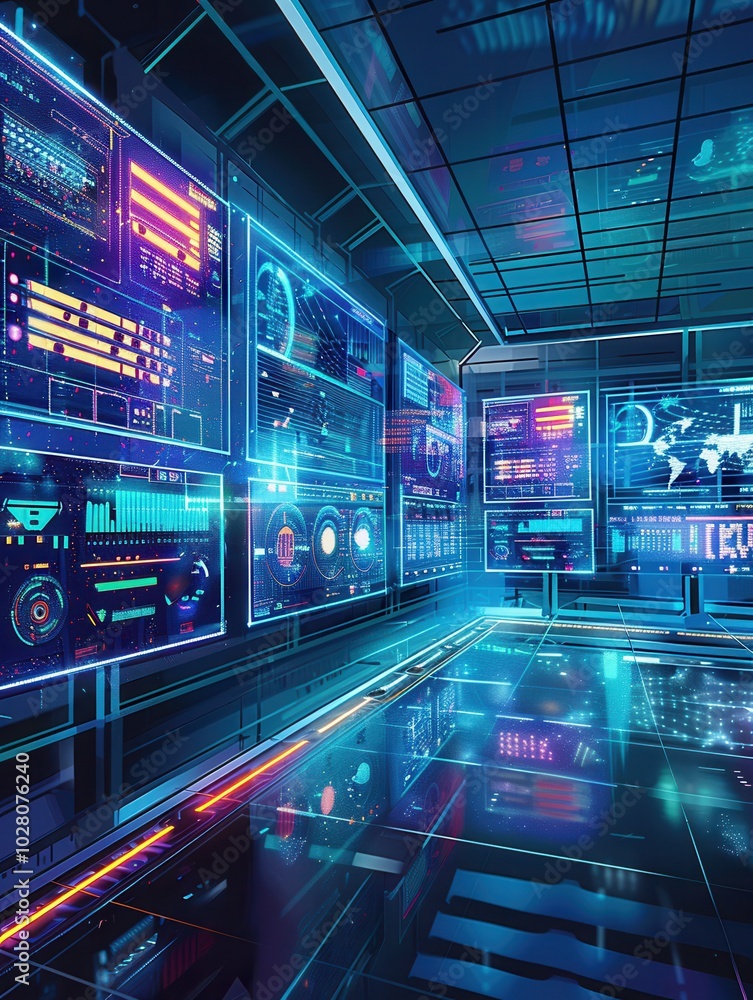 Poster in the logistics control center, large screens showcase real-time delivery information and route pla