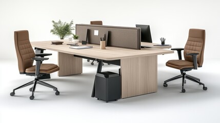 Modern office workspace with ergonomic chairs and sleek wooden furniture.
