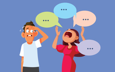 Talkative Girl Exasperating her Boyfriend Vector Cartoon Illustration. Wife scolding and talking too much making her husband sweat
