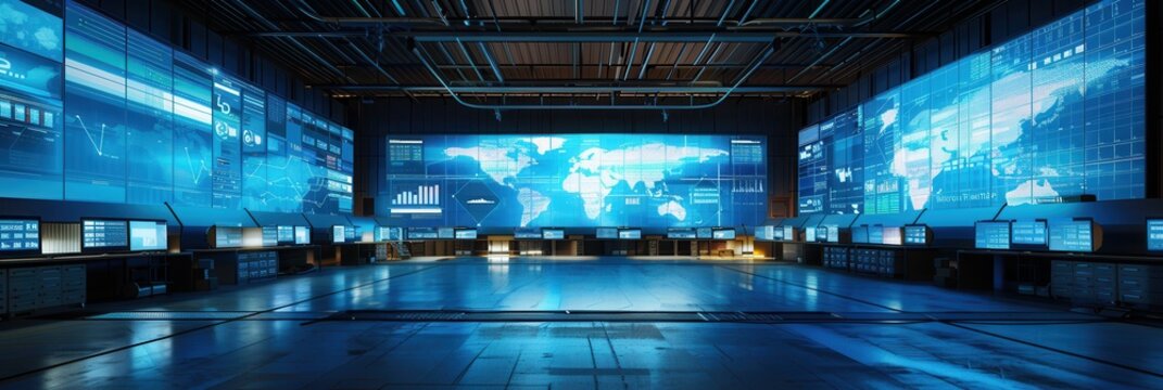 The control center features large screens showing live logistics data to facilitate efficient delivery route planning and management. Generative AI - Powered by Adobe