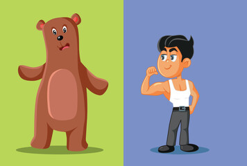 Man Versus Bear Internet Controversy Vector Cartoon illustration. Social media dilemma of which is more dangerous
