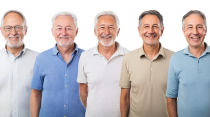 Smiling Elderly Men Happily Posing Together Against a White Background Generative AI