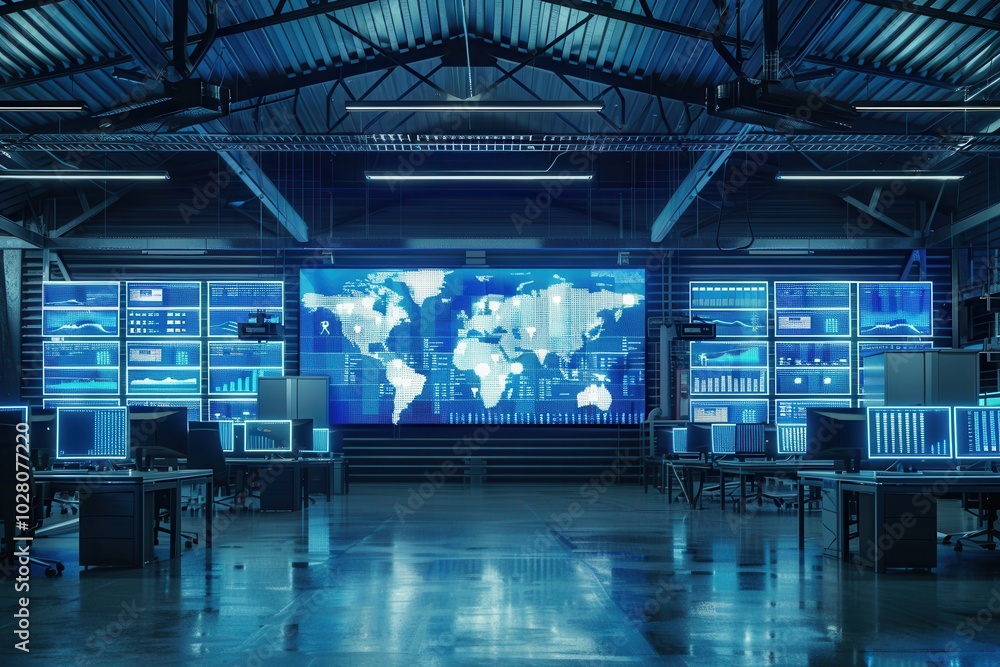 Poster the logistics control center operates with extensive digital screens monitoring delivery routes and 
